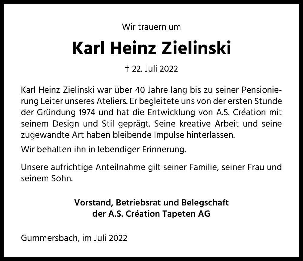 Traueranzeige für Karl Heinz Zielinski vom 06.08.2022 aus Kölner Stadt-Anzeiger / Kölnische Rundschau / Express
