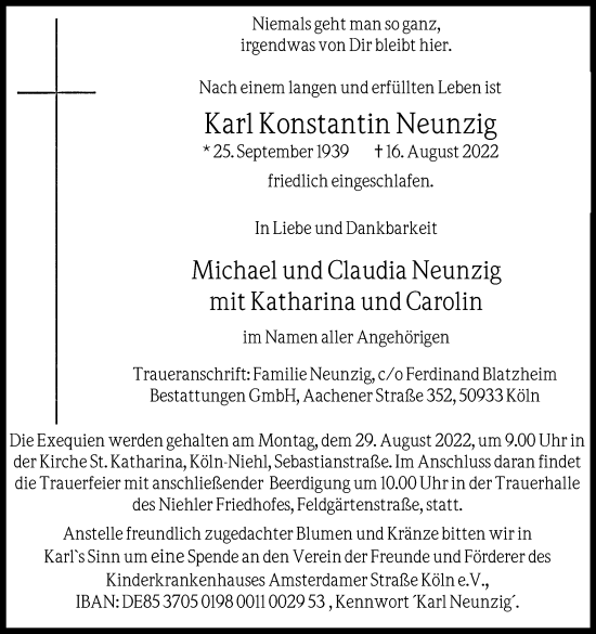 Anzeige von Karl Konstantin Neunzig von Kölner Stadt-Anzeiger / Kölnische Rundschau / Express