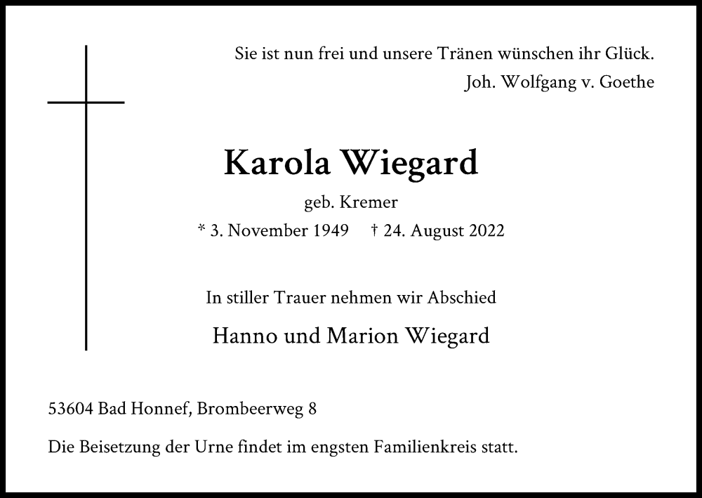  Traueranzeige für Karola Wiegard vom 31.08.2022 aus Kölner Stadt-Anzeiger / Kölnische Rundschau / Express