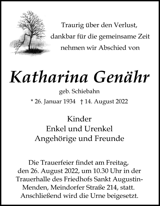 Anzeige von Katharina Genähr von Kölner Stadt-Anzeiger / Kölnische Rundschau / Express