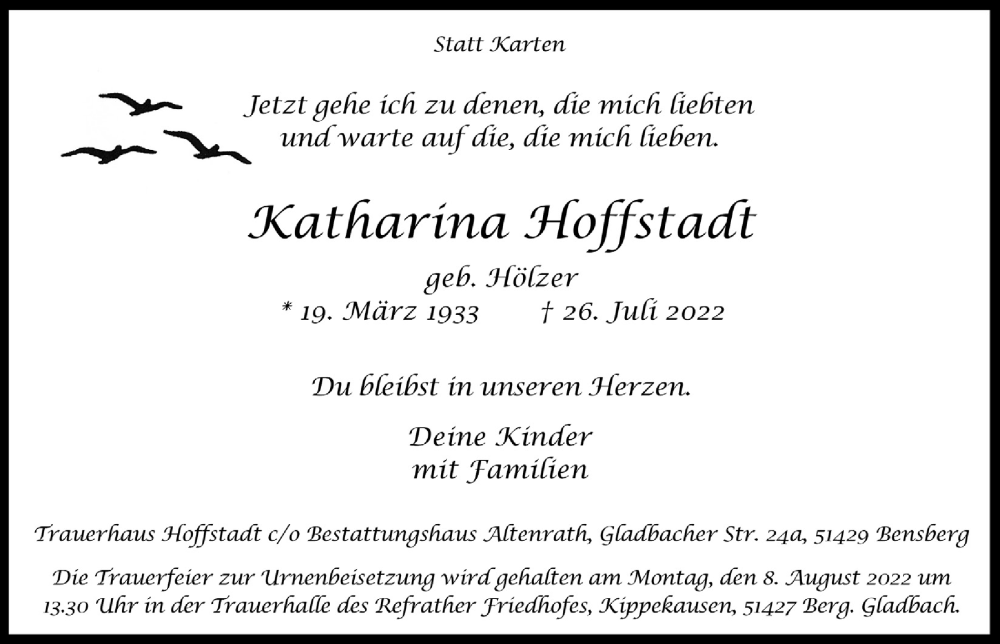  Traueranzeige für Katharina Hoffstadt vom 05.08.2022 aus  Bergisches Handelsblatt 