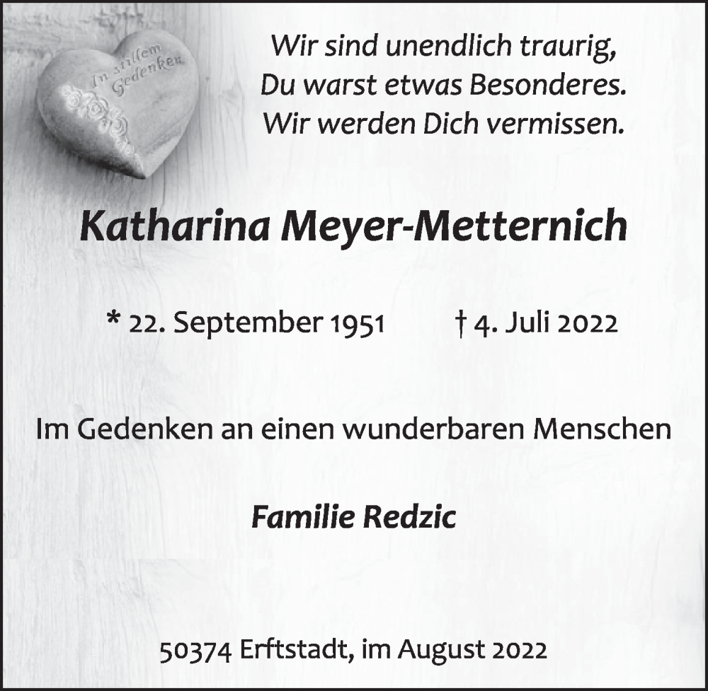  Traueranzeige für Katharina Meyer-Metternich vom 19.08.2022 aus  Werbepost 