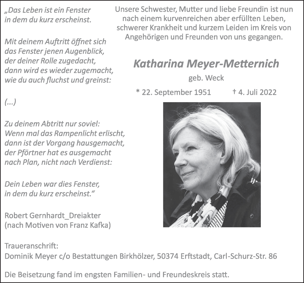  Traueranzeige für Katharina Meyer-Metternich vom 19.08.2022 aus  Werbepost 