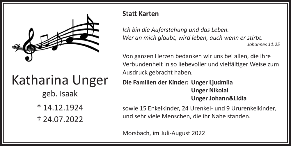 Traueranzeige für Katharina Unger vom 26.08.2022 aus  Lokalanzeiger 