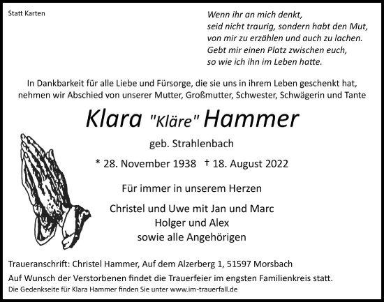 Anzeige von Klara Hammer von  Lokalanzeiger 