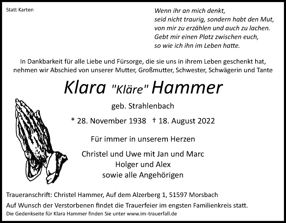  Traueranzeige für Klara Hammer vom 27.08.2022 aus Kölner Stadt-Anzeiger / Kölnische Rundschau / Express
