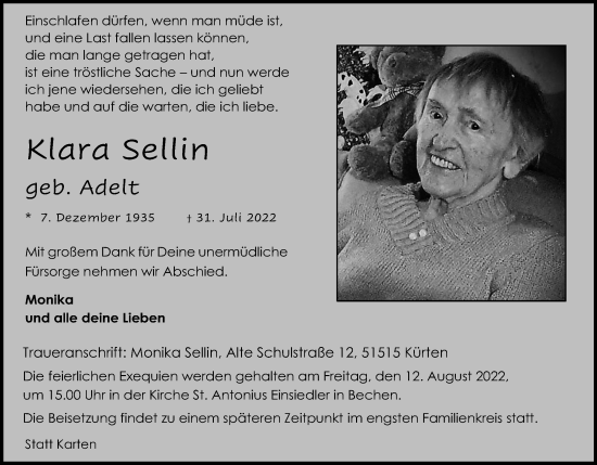 Anzeige von Klara Sellin von Kölner Stadt-Anzeiger / Kölnische Rundschau / Express