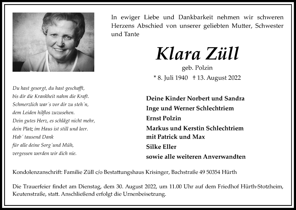  Traueranzeige für Klara Züll vom 20.08.2022 aus Kölner Stadt-Anzeiger / Kölnische Rundschau / Express