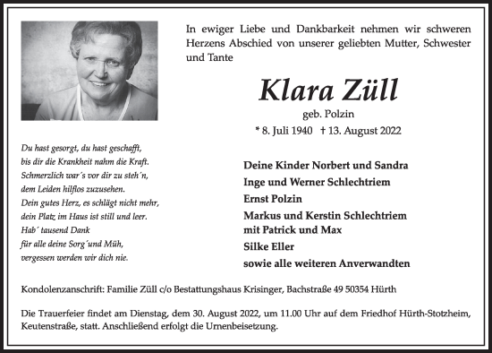Anzeige von Klara Züll von  Wochenende 
