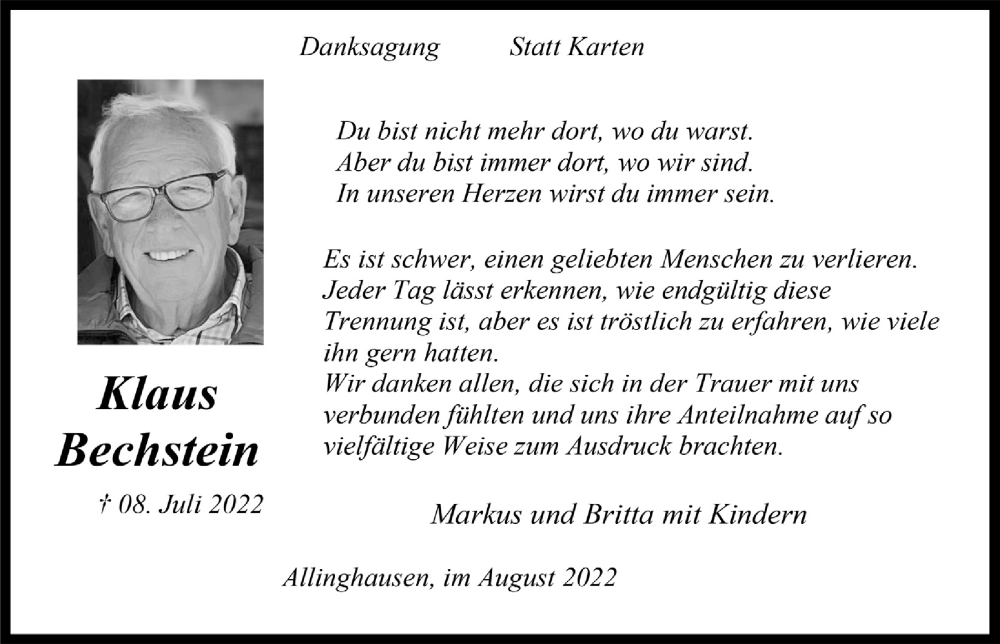  Traueranzeige für Klaus Bechstein vom 26.08.2022 aus  Anzeigen Echo 