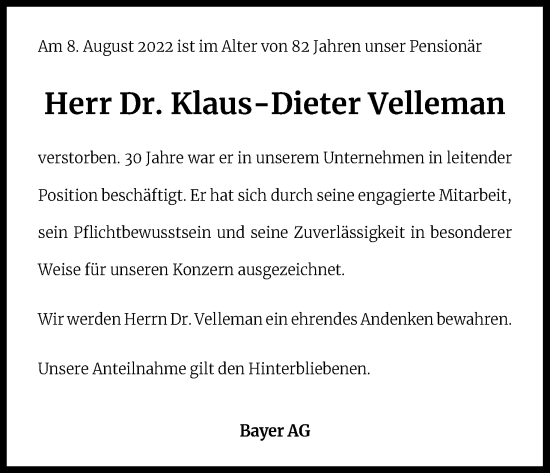 Anzeige von Klaus-Dieter Velleman von Kölner Stadt-Anzeiger / Kölnische Rundschau / Express