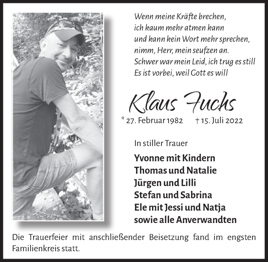 Anzeige von Klaus Fuchs von  Lokalanzeiger 