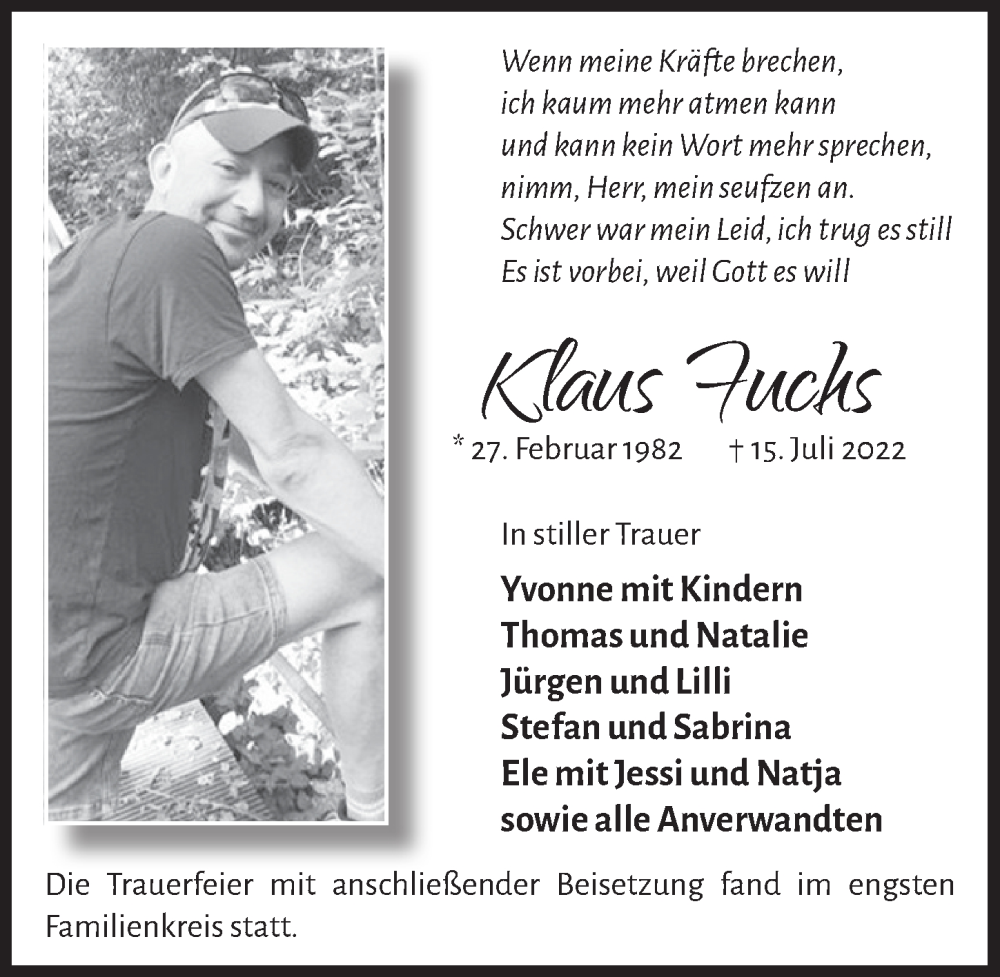  Traueranzeige für Klaus Fuchs vom 12.08.2022 aus  Lokalanzeiger 