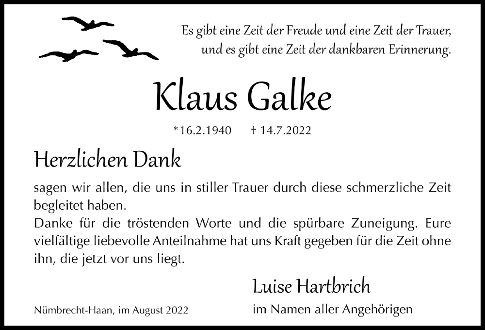  Traueranzeige für Klaus Galke vom 19.08.2022 aus  Lokalanzeiger 