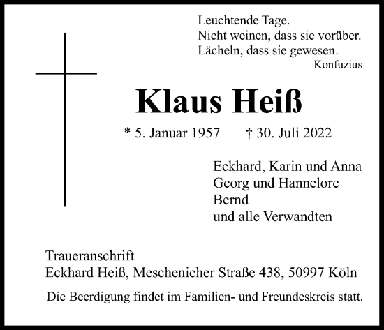 Anzeige von Klaus Heiß von Kölner Stadt-Anzeiger / Kölnische Rundschau / Express