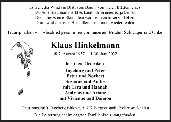 Anzeige von Klaus Hinkelmann von  Anzeigen Echo 