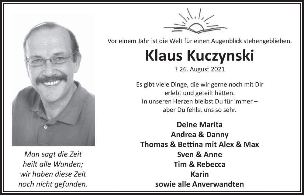  Traueranzeige für Klaus Kuczynski vom 26.08.2022 aus  Werbepost 