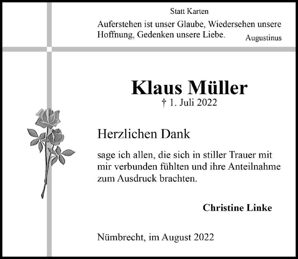  Traueranzeige für Klaus Müller vom 05.08.2022 aus  Lokalanzeiger 