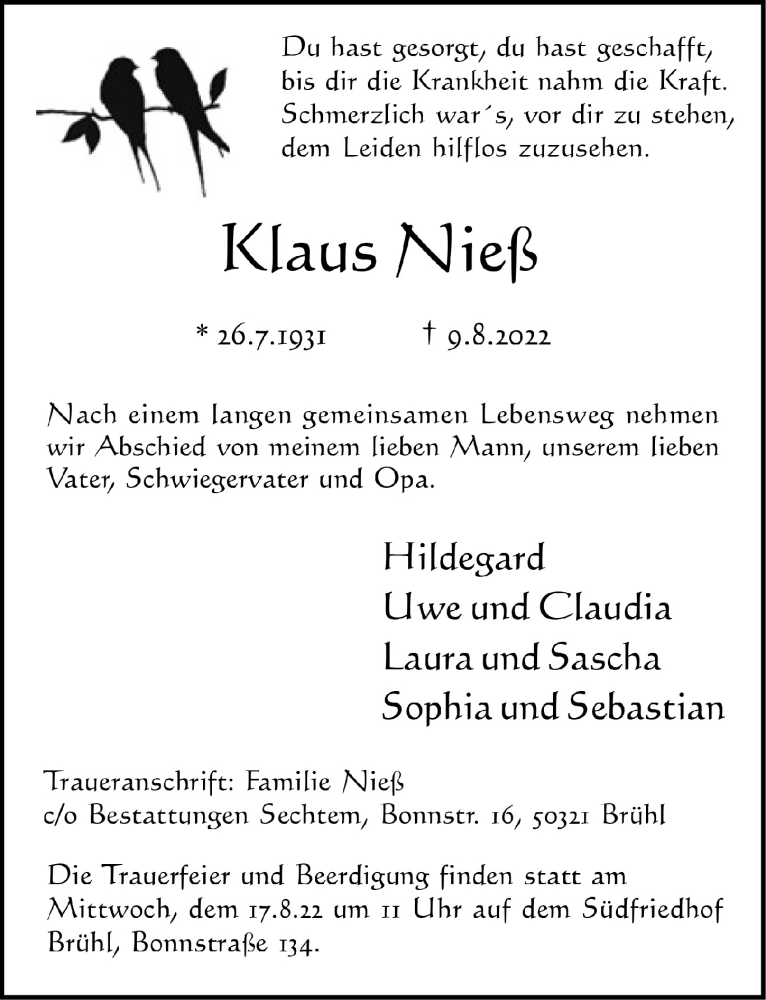  Traueranzeige für Klaus Nieß vom 12.08.2022 aus  Schlossbote/Werbekurier 