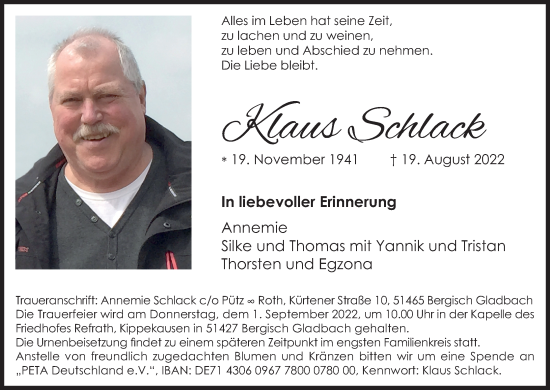 Anzeige von Klaus Schlack von Kölner Stadt-Anzeiger / Kölnische Rundschau / Express