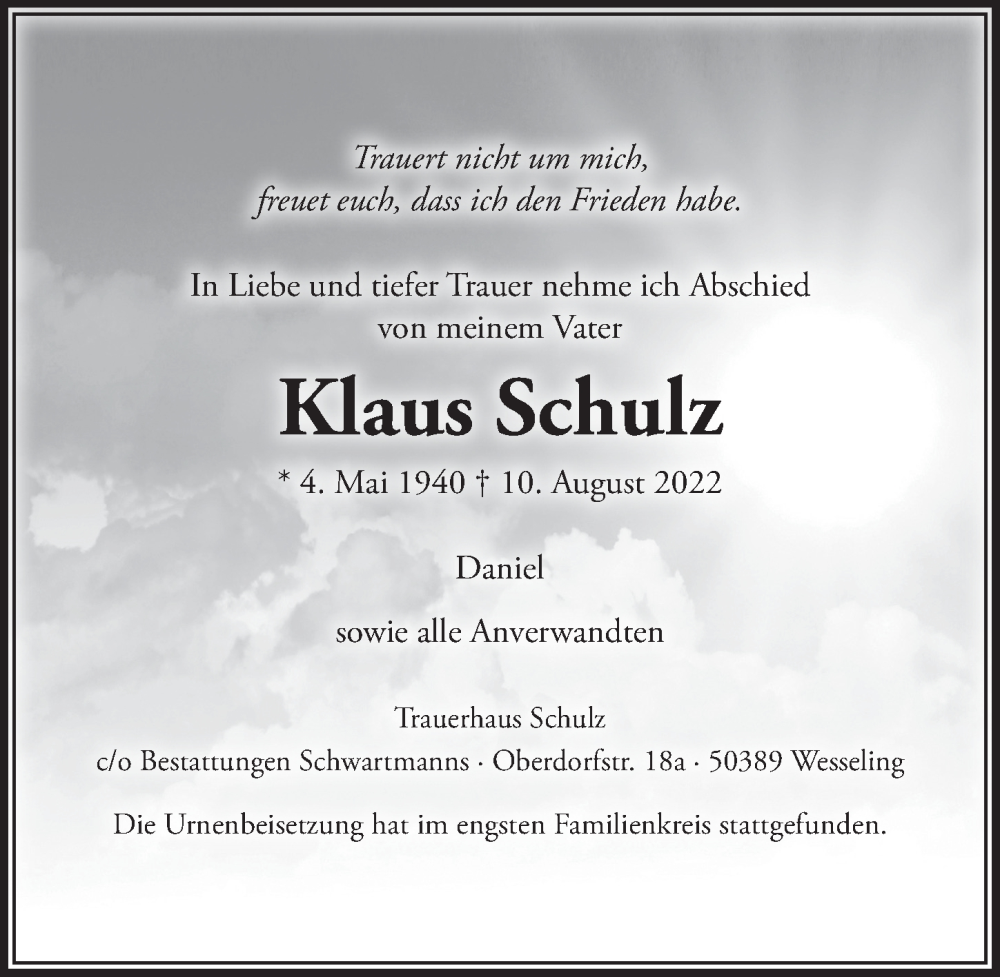  Traueranzeige für Klaus Schulz vom 26.08.2022 aus  Schlossbote/Werbekurier 