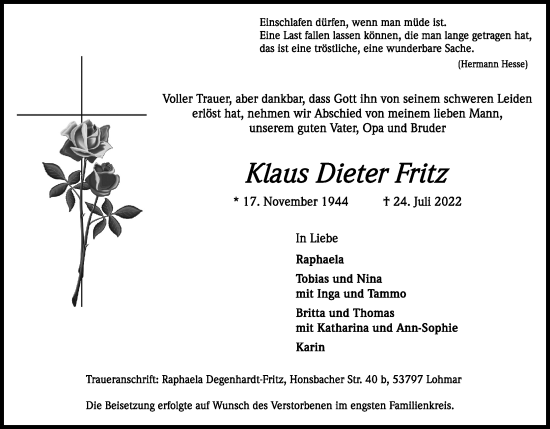 Anzeige von Klaus Dieter Fritz von Kölner Stadt-Anzeiger / Kölnische Rundschau / Express