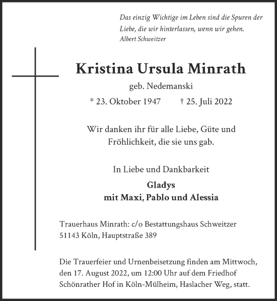 Anzeige von Kristina Ursula Minrath von  EXPRESS - Die Woche 