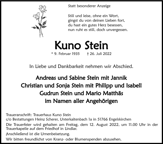 Anzeige von Kuno Stein von Kölner Stadt-Anzeiger / Kölnische Rundschau / Express