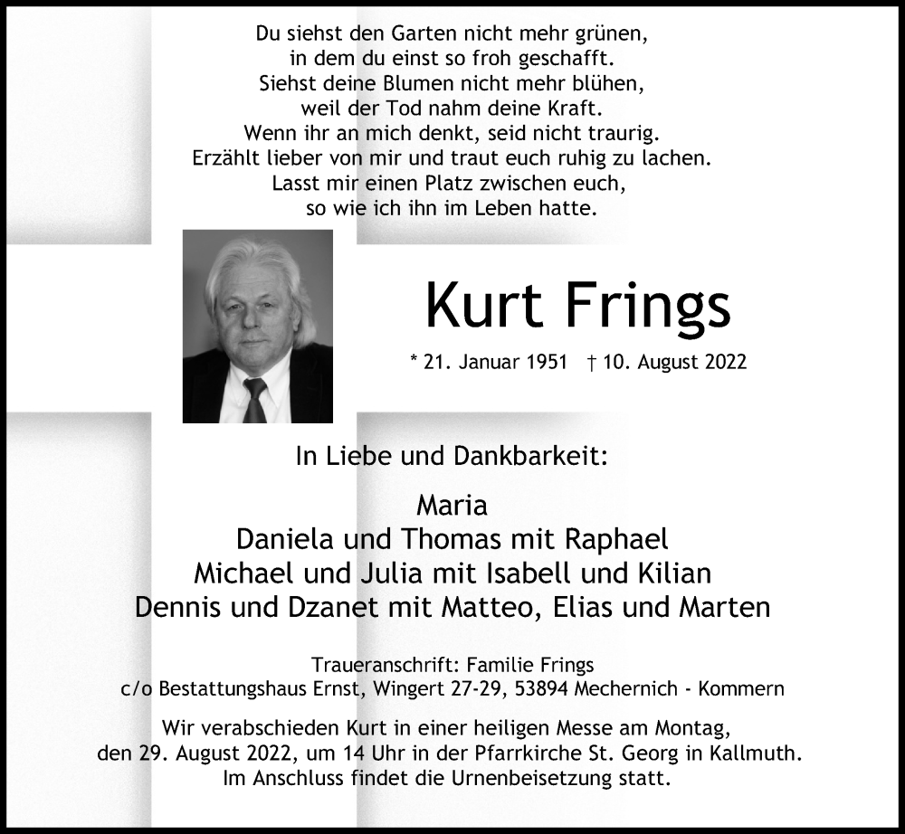  Traueranzeige für Kurt Frings vom 17.08.2022 aus Kölner Stadt-Anzeiger / Kölnische Rundschau / Express