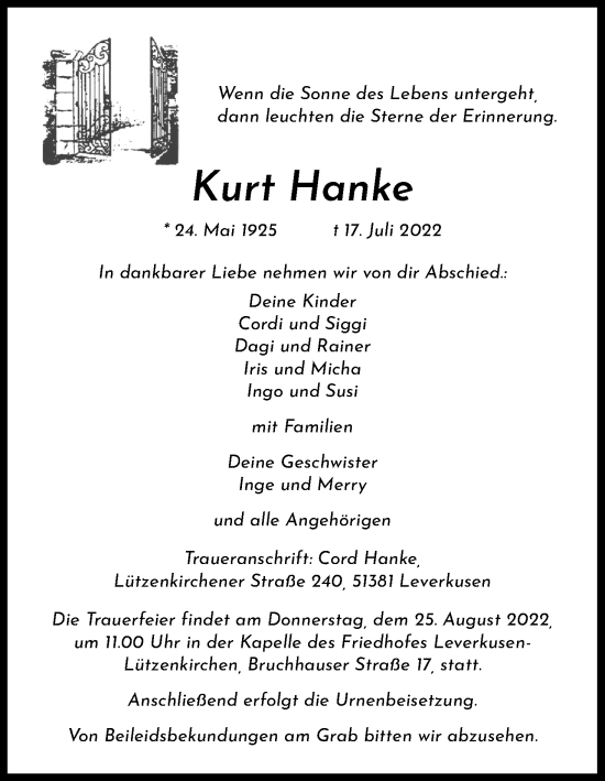 Anzeige von Kurt Hanke von Kölner Stadt-Anzeiger / Kölnische Rundschau / Express