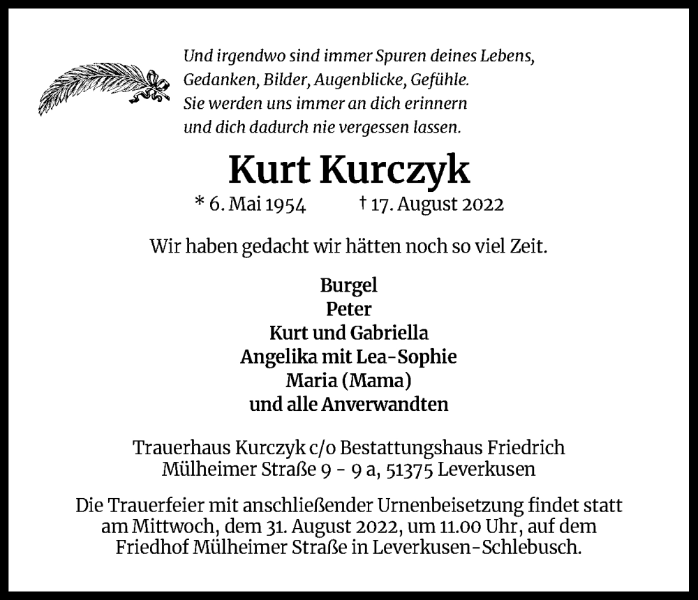  Traueranzeige für Kurt Kurczyk vom 27.08.2022 aus Kölner Stadt-Anzeiger / Kölnische Rundschau / Express