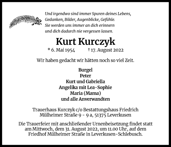 Anzeige von Kurt Kurczyk von Kölner Stadt-Anzeiger / Kölnische Rundschau / Express