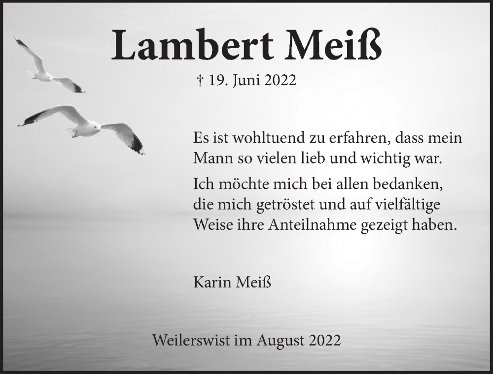  Traueranzeige für Lambert Meiß vom 05.08.2022 aus  Schlossbote/Werbekurier 