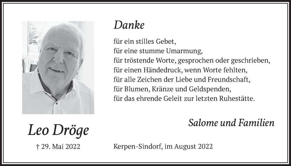  Traueranzeige für Leo Dröge vom 05.08.2022 aus  Werbepost 