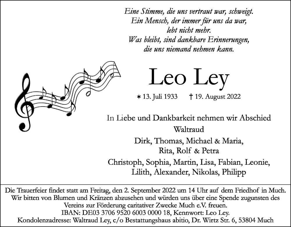  Traueranzeige für Leo Ley vom 27.08.2022 aus Kölner Stadt-Anzeiger / Kölnische Rundschau / Express