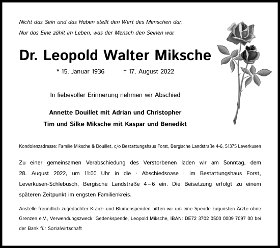 Anzeige von Leopold Walter Miksche von Kölner Stadt-Anzeiger / Kölnische Rundschau / Express