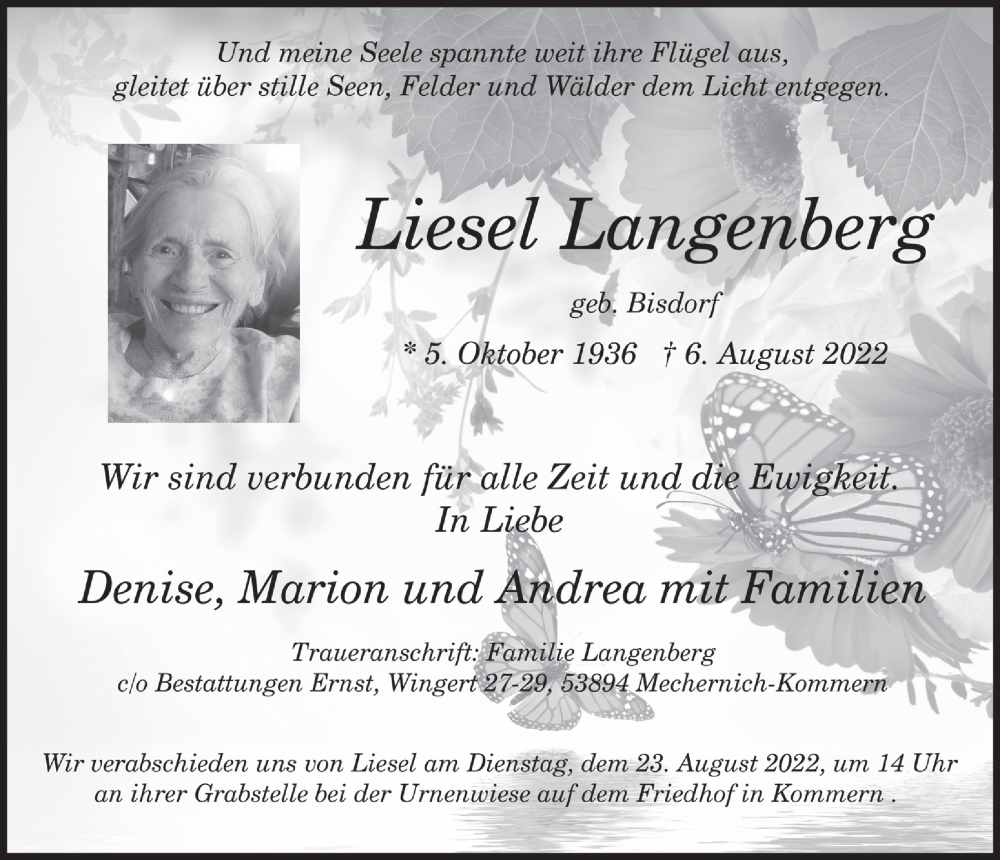  Traueranzeige für Liesel Langenberg vom 13.08.2022 aus  Blickpunkt Euskirchen 