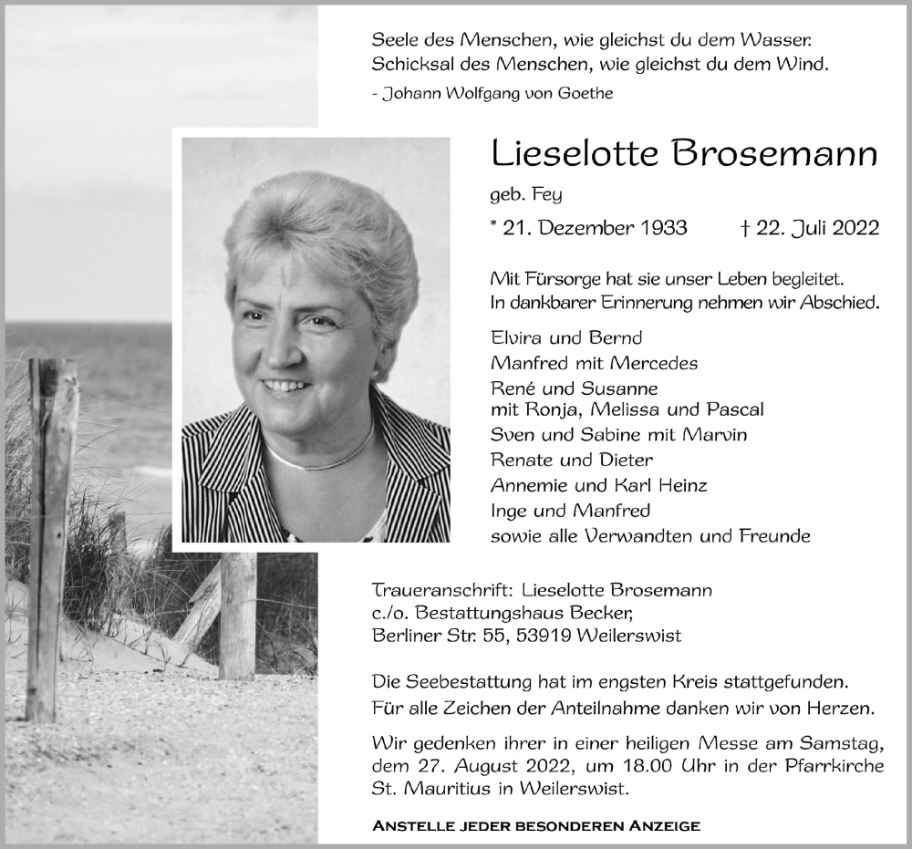  Traueranzeige für Lieselotte Brosemann vom 13.08.2022 aus  Blickpunkt Euskirchen 