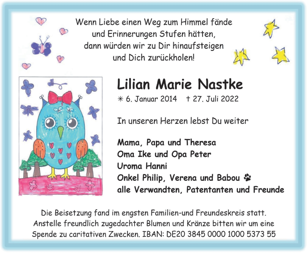  Traueranzeige für Lilian Marie Nastke vom 05.08.2022 aus  Anzeigen Echo 