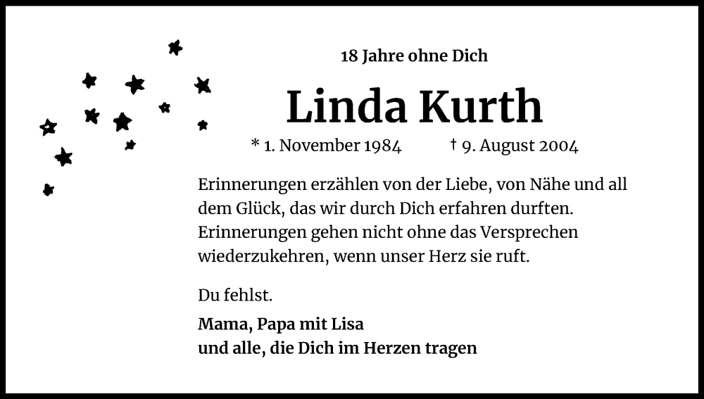  Traueranzeige für Linda Kurth vom 09.08.2022 aus Kölner Stadt-Anzeiger / Kölnische Rundschau / Express