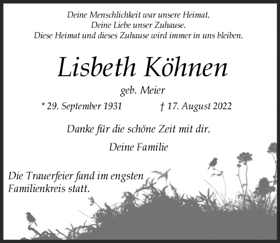Anzeige von Lisbeth Köhnen von  Bergisches Handelsblatt 