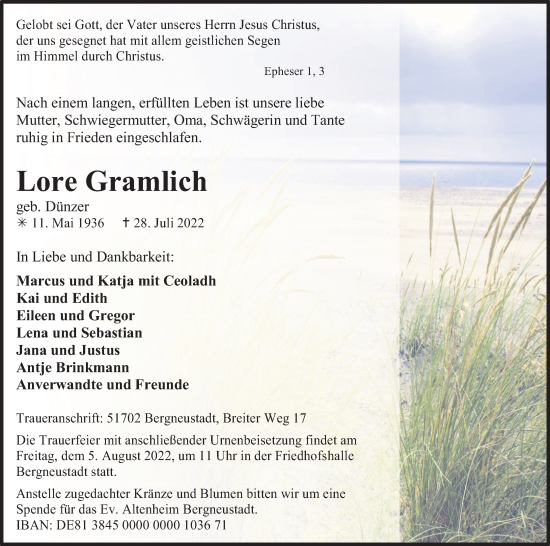Anzeige von Lore Gramlich von Kölner Stadt-Anzeiger / Kölnische Rundschau / Express