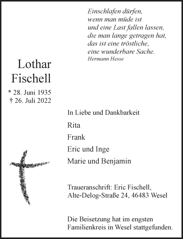  Traueranzeige für Lothar Fischell vom 05.08.2022 aus  Wochenende 