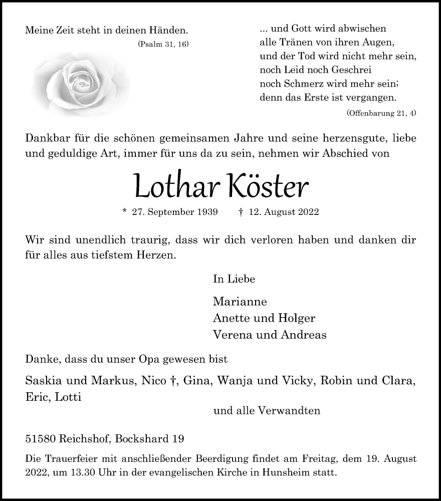  Traueranzeige für Lothar Köster vom 17.08.2022 aus Kölner Stadt-Anzeiger / Kölnische Rundschau / Express