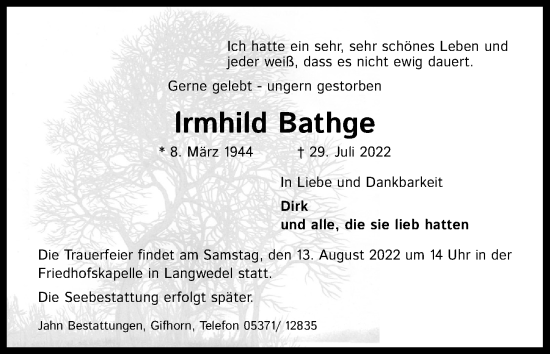 Anzeige von lrmhild Bathge von Kölner Stadt-Anzeiger / Kölnische Rundschau / Express