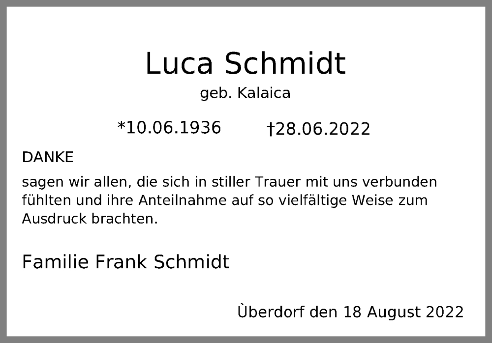  Traueranzeige für Luca Schmidt vom 20.08.2022 aus Kölner Stadt-Anzeiger / Kölnische Rundschau / Express