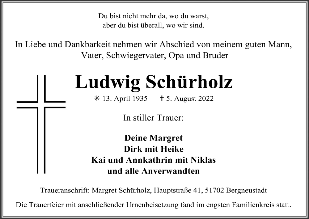  Traueranzeige für Ludwig Schürholz vom 20.08.2022 aus Kölner Stadt-Anzeiger / Kölnische Rundschau / Express