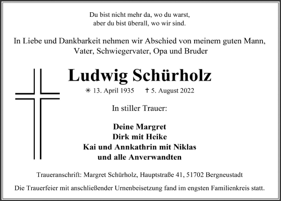 Anzeige von Ludwig Schürholz von  Anzeigen Echo 