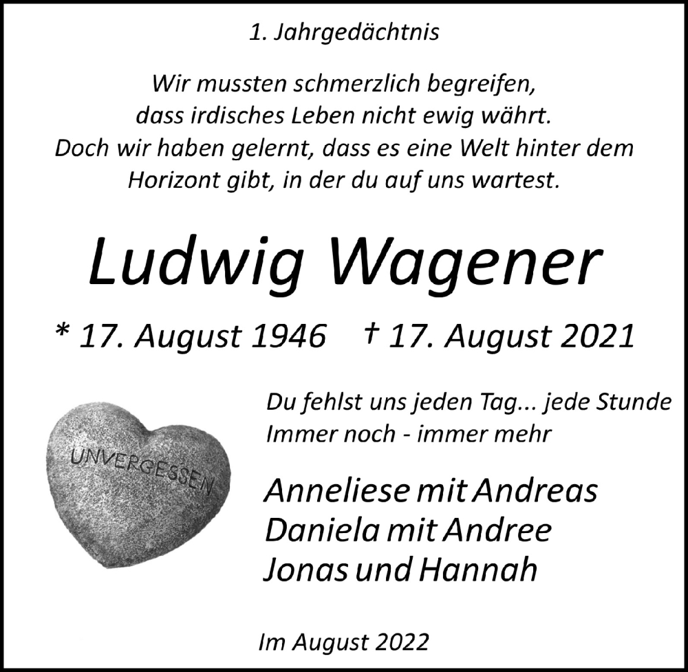  Traueranzeige für Ludwig Wagener vom 12.08.2022 aus  Lokalanzeiger 