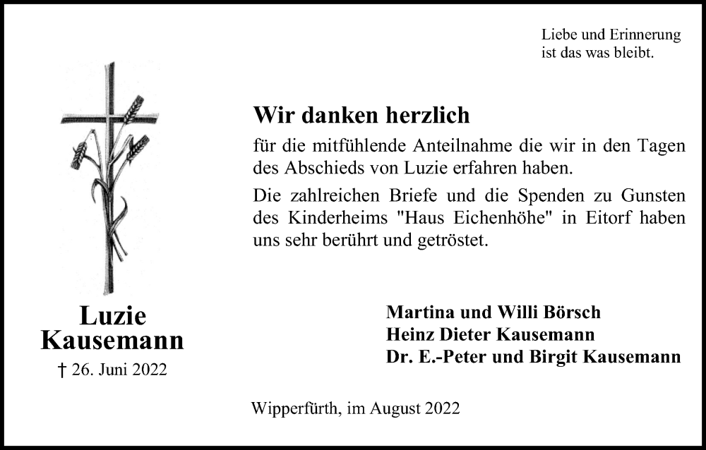  Traueranzeige für Luzie Kausemann vom 10.08.2022 aus Kölner Stadt-Anzeiger / Kölnische Rundschau / Express